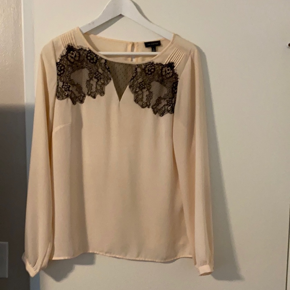 Long sleeve Blush pink blouse with black lace accents. Size M
